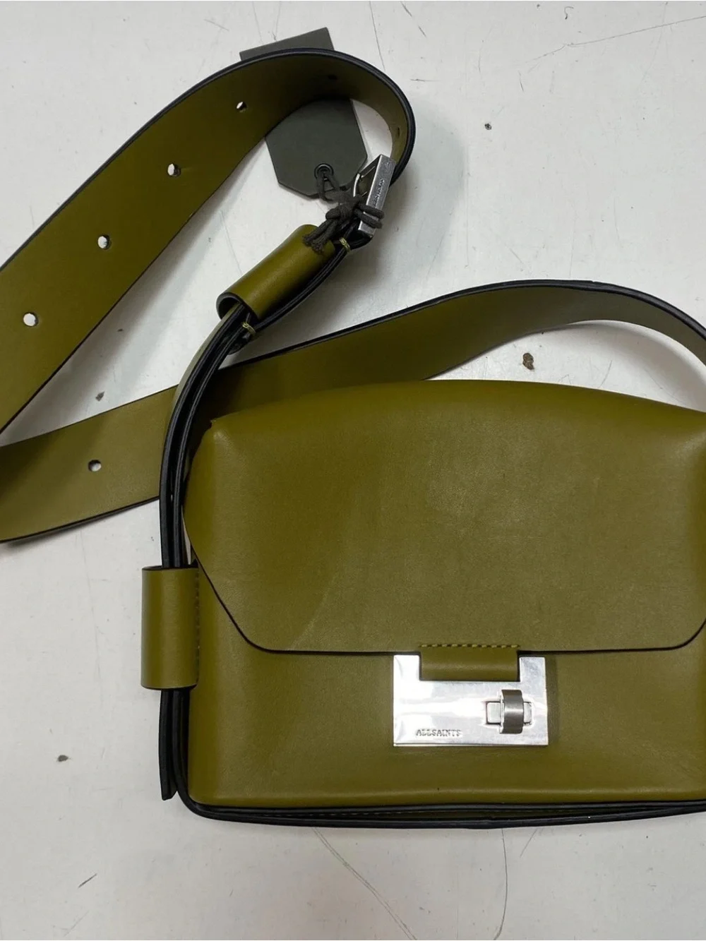 All Saints Olive Green Leather Crossbody with Silver-Tone Lock